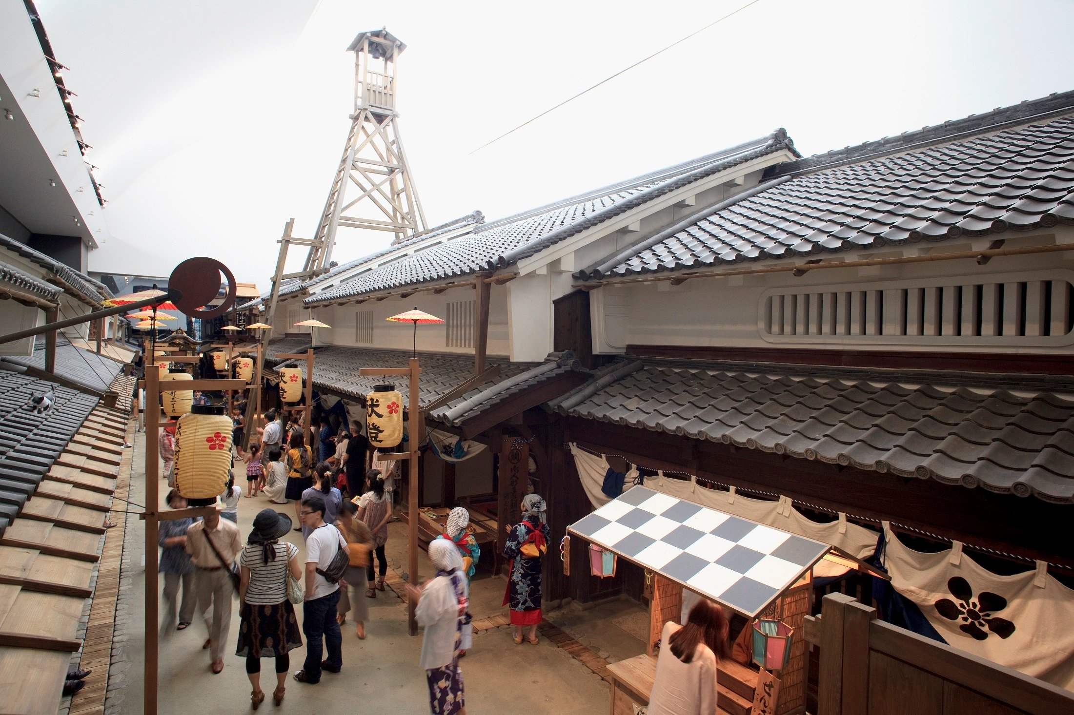Recreated Edo-period Osaka streetscape decorated for a summer festival at the Osaka Museum of Housing and Living.