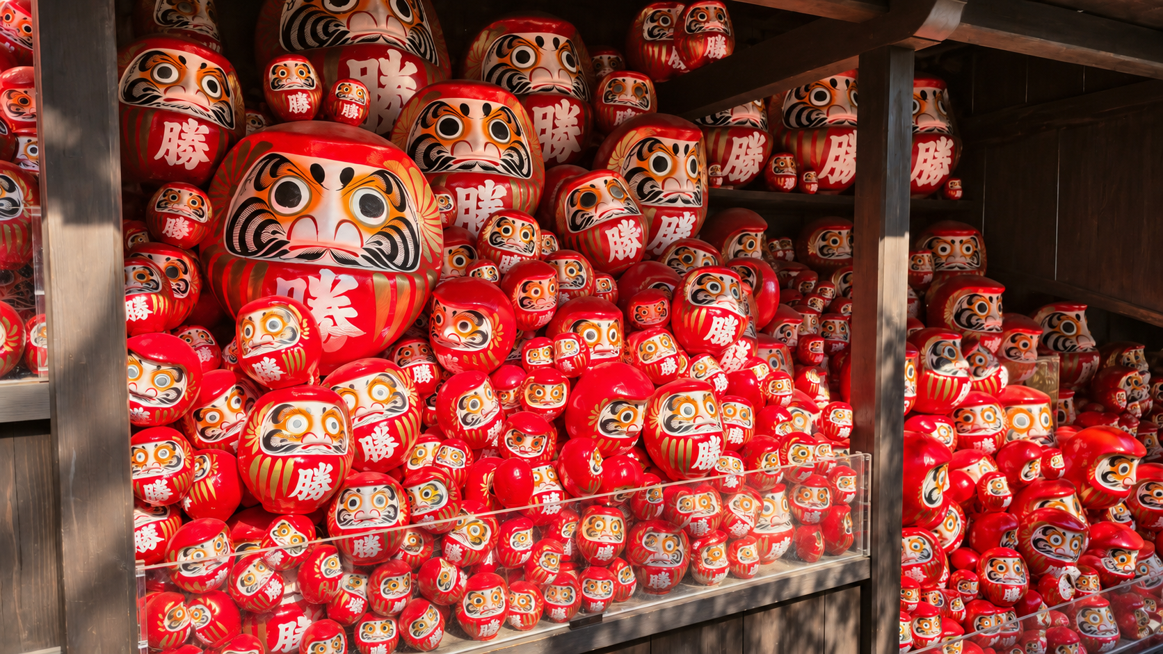 Rows of red Kachi-Daruma winning dolls at Katsuoji Temple in Osaka.