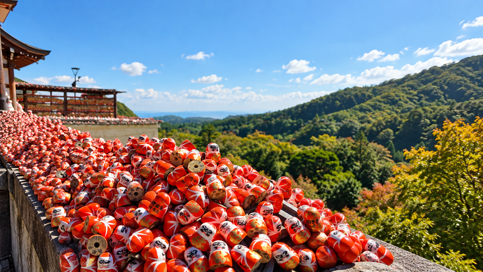 Hundreds of red and white Daruma dolls at Katsuo-ji Temple in Minoh, Osaka, overlooking lush green mountains under a clear blue sky.