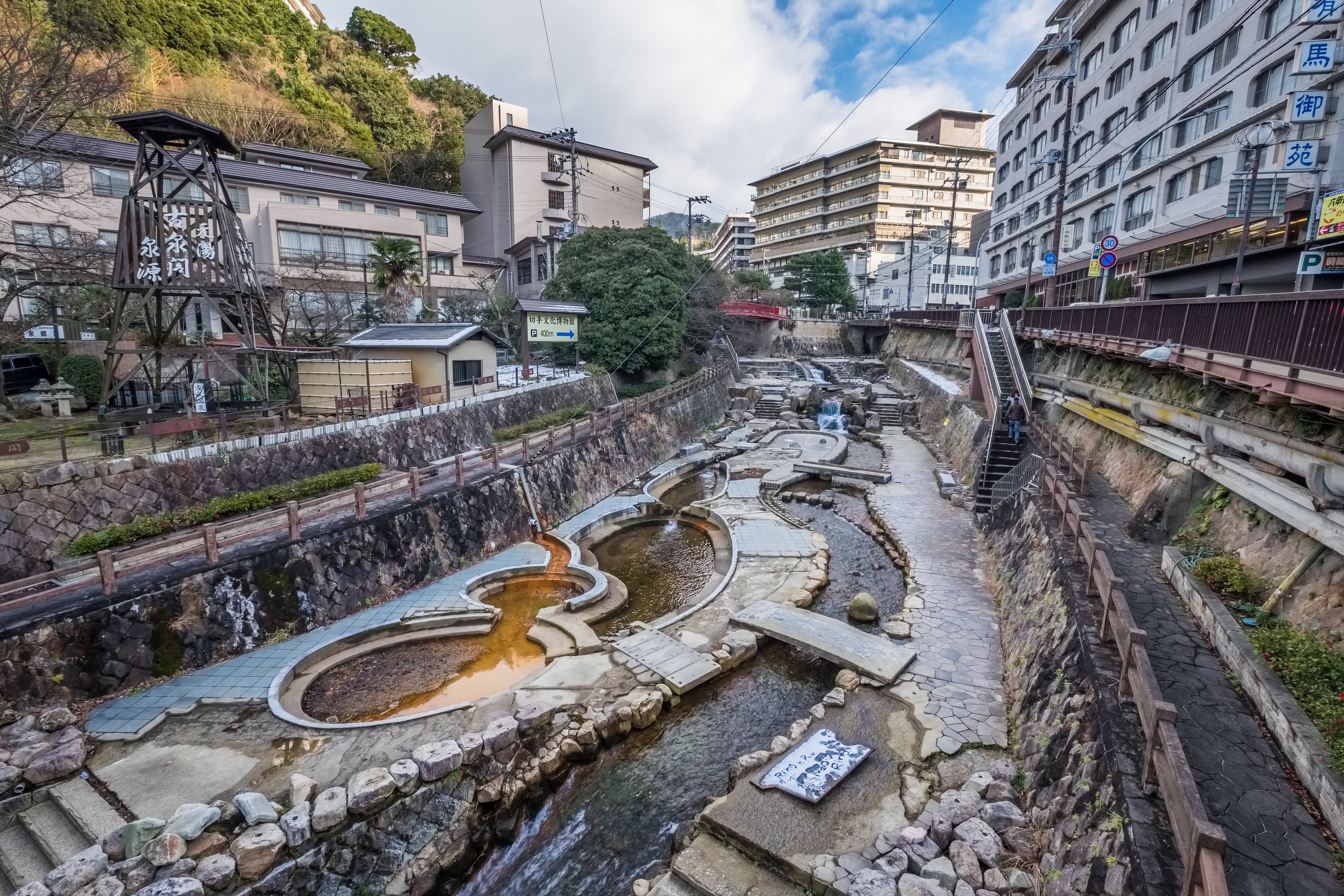 Historic stone hot spring bathhouse streets in Arima Onsen near Osaka