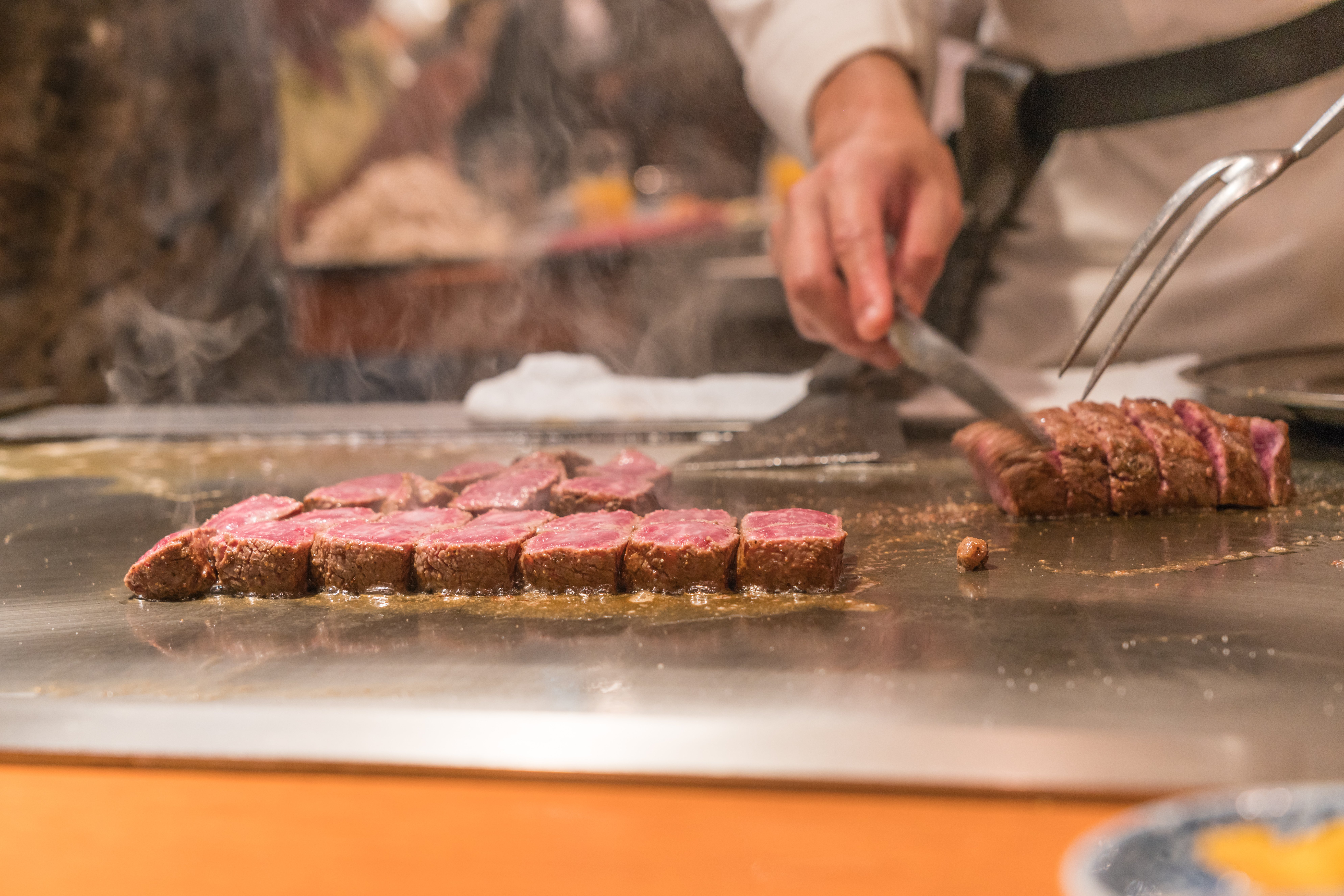 Teppanyaki Kobe beef dining during a day trip from Osaka to Kobe