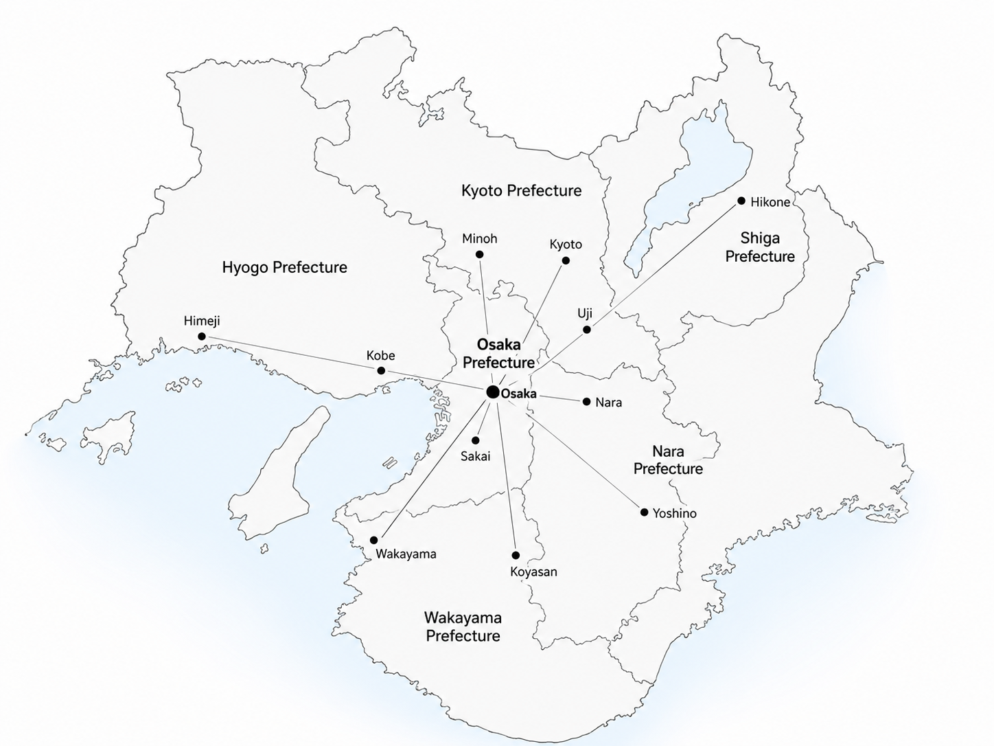 Map of the Kansai region of Japan showing Osaka and nearby destinations, including Kyoto, Nara, Kobe, Himeji, Minoh, Sakai, Wakayama, Koyasan, Yoshino, Uji, and Hikone.