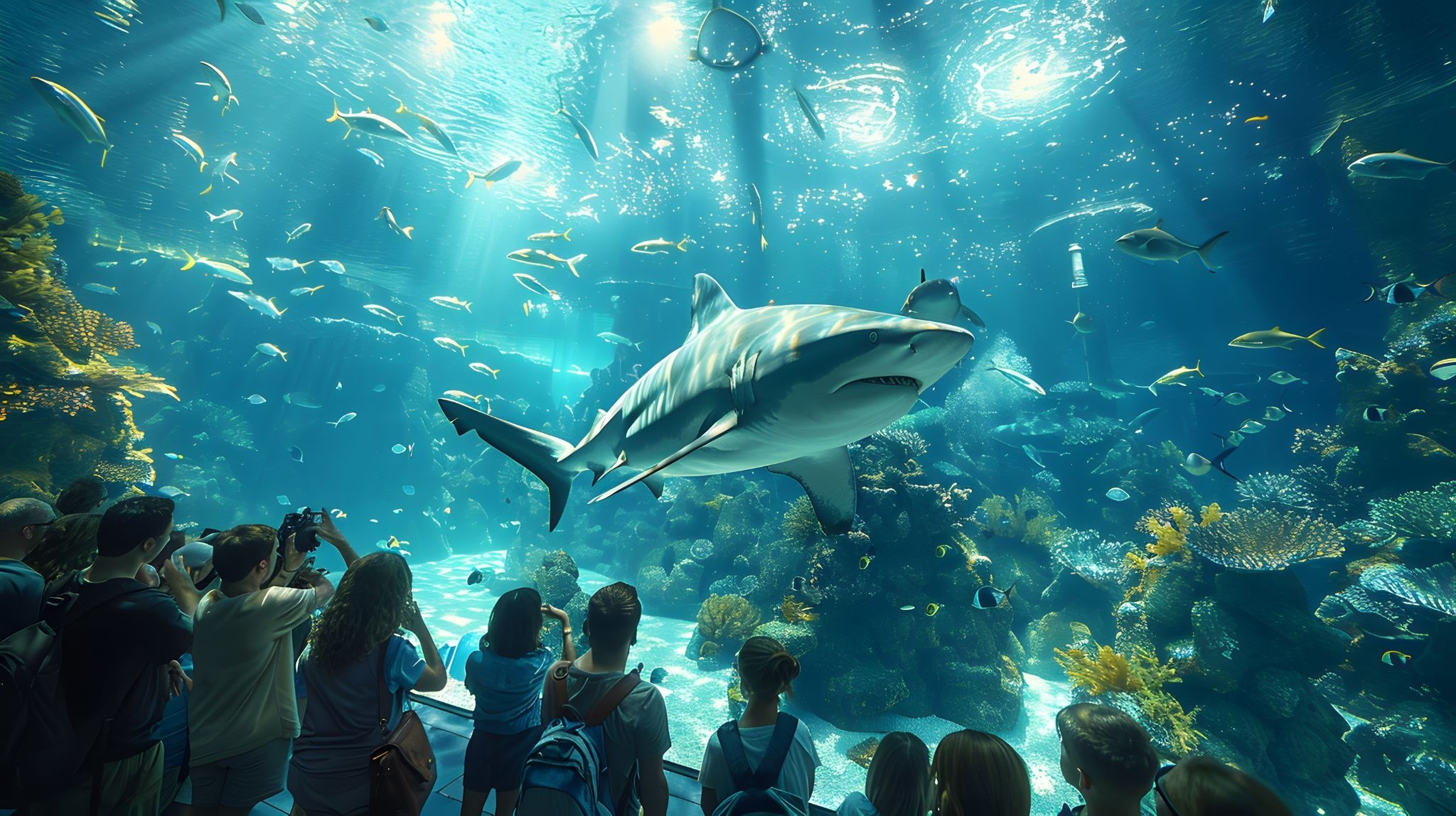 Whale shark and Manta Rays swimming in the Main Tank at Osaka Aquarium Kaiyukan with visitors watching.