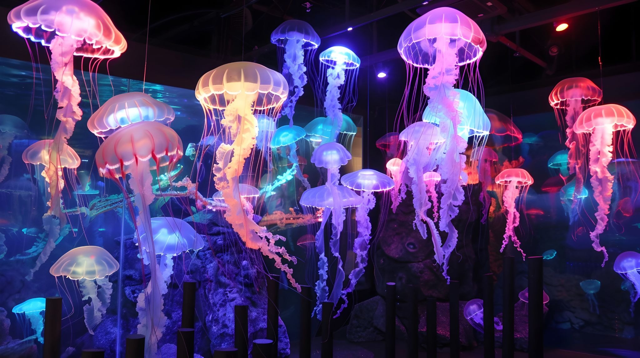 Jellyfish Galaxy exhibit at Osaka Aquarium Kaiyukan, showcasing glowing jellyfish in blue and pink light.