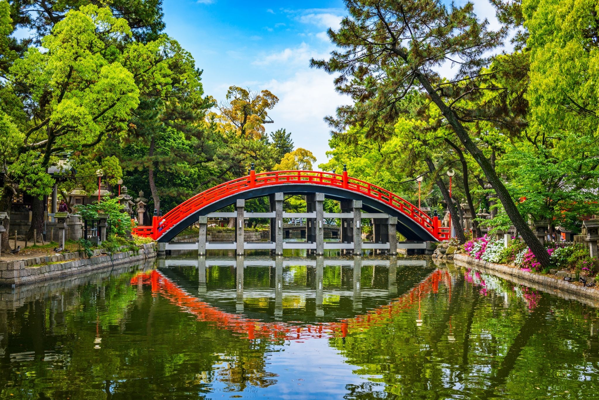 Sorihashi Bridge at Sumiyoshi Taisha Shrine in Osaka, reflected in the pond and surrounded by lush green trees.