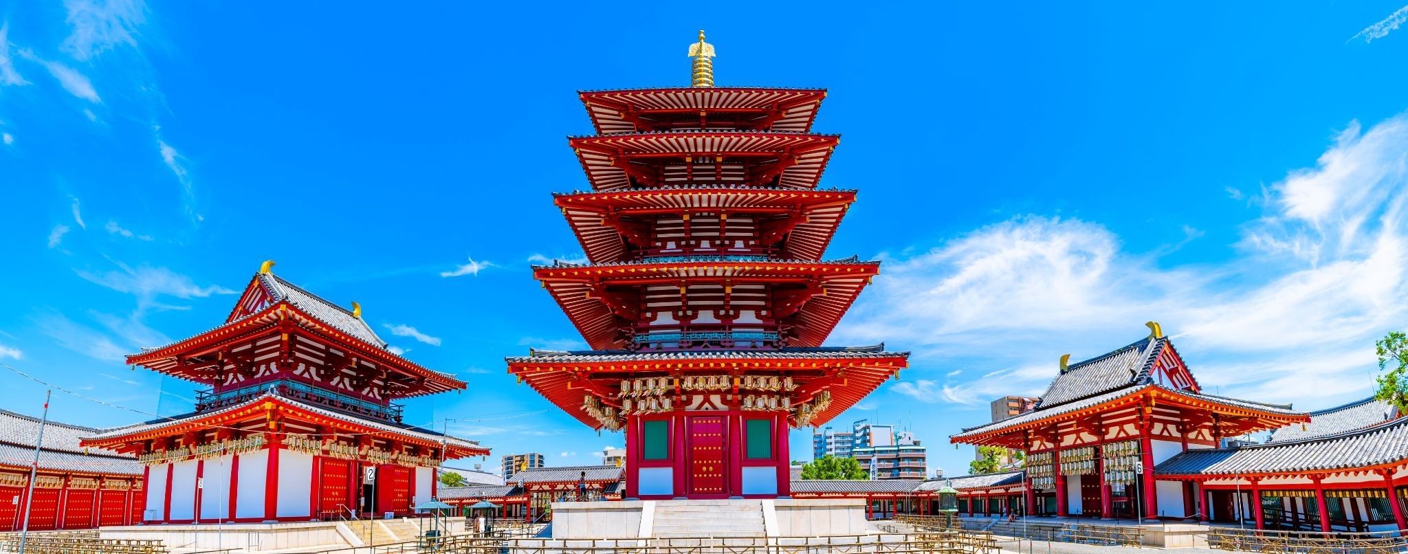 Five-story pagoda and temple buildings at Shitennoji, one of Osaka’s oldest Buddhist temples.