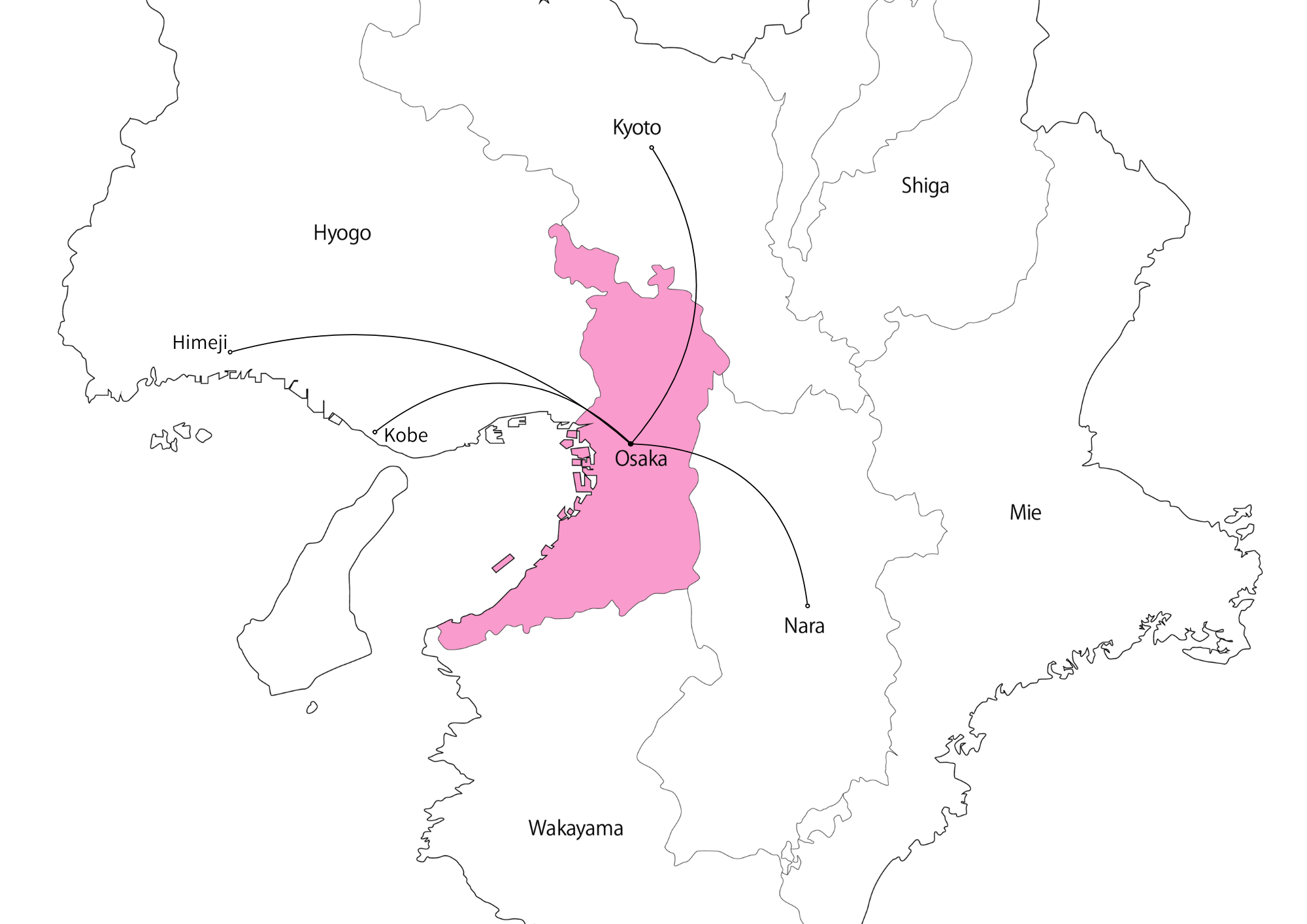 Map of Osaka and surrounding Kansai destinations, showing Kyoto, Nara, Kobe, and Himeji as popular day trips from Osaka.